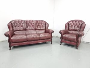 Italian Oxblood Leather 3 and 1 Seater Sofa and Chair