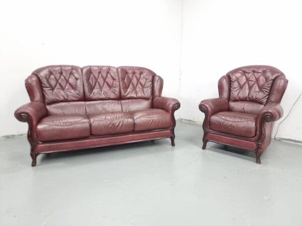 Italian Oxblood Leather 3 and 1 Seater Sofa and Chair
