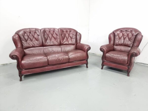 Italian Oxblood Leather 3 and 1 Seater Sofa and Chair - Image 3