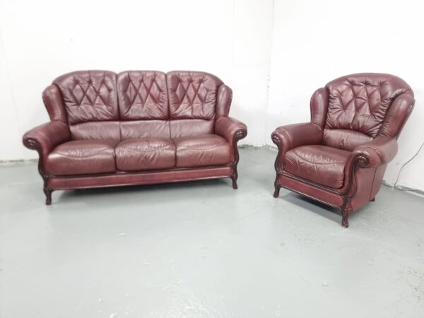 Italian Oxblood Leather 3 and 1 Seater Sofa and Chair - Image 4