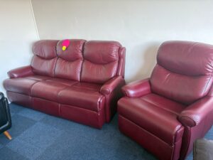G Plan Burgundy Leather 3 and 1 Seater Sofa and Chair