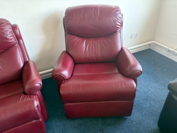 G Plan Burgundy Leather 3 and 1 Seater Sofa and Chair - Image 3