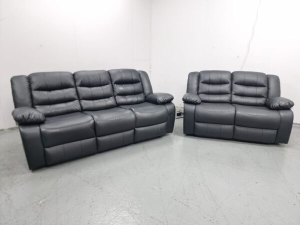 Black Leather 3 and 2 Seater Manual Recliner Sofas - Image 3