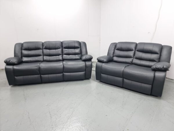 Black Leather 3 and 2 Seater Manual Recliner Sofas - Image 2
