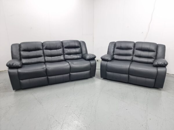 Black Leather 3 and 2 Seater Manual Recliner Sofas