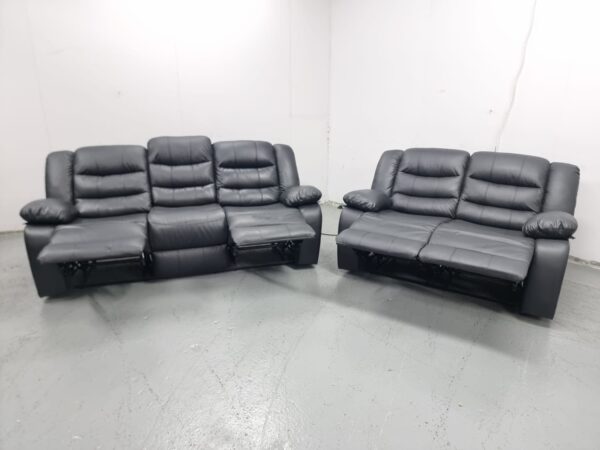Black Leather 3 and 2 Seater Manual Recliner Sofas - Image 4