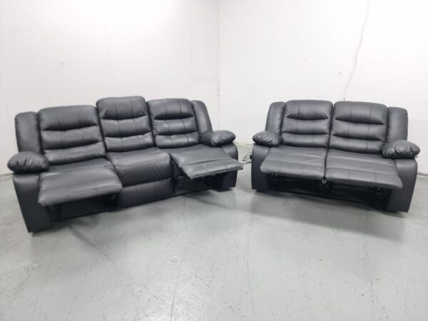 Black Leather 3 and 2 Seater Manual Recliner Sofas - Image 5
