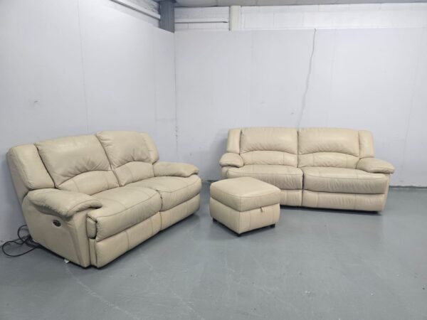 Scs Cream Leather 3 Seater Static and 2 Seater Electric Recliner Sofas with Ottoman - Image 3