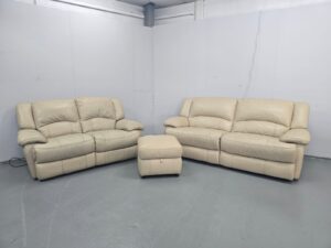 Scs Cream Leather 3 Seater Static and 2 Seater Electric Recliner Sofas with Ottoman
