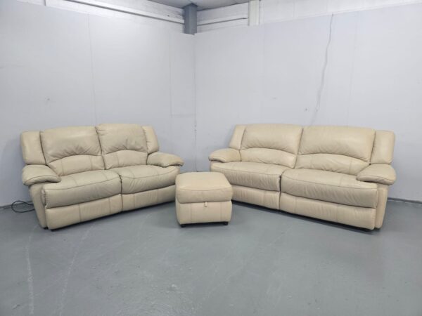 Scs Cream Leather 3 Seater Static and 2 Seater Electric Recliner Sofas with Ottoman