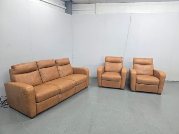 Scs Tan Leather 3 Piece Suite Manual Recliner Sofa and Chair with Static Chair - Image 4