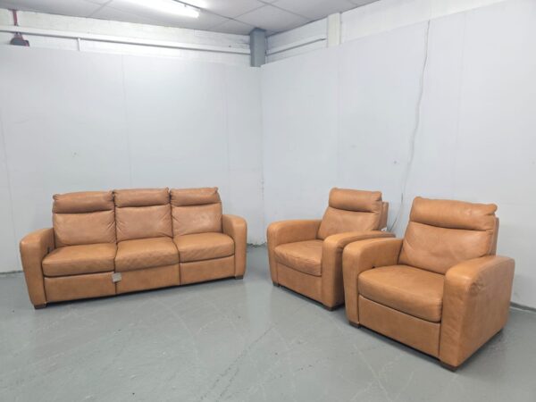 Scs Tan Leather 3 Piece Suite Manual Recliner Sofa and Chair with Static Chair - Image 3