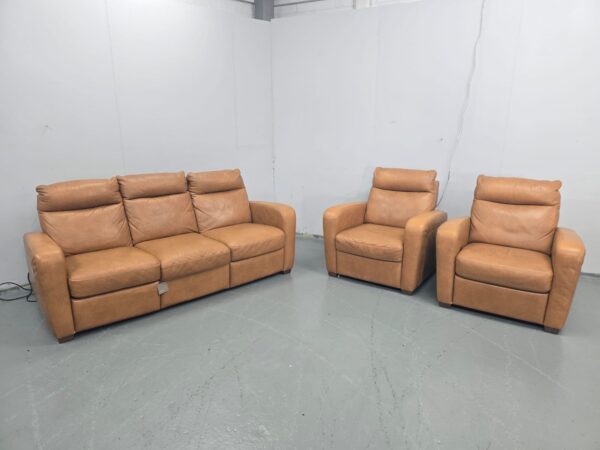 Scs Tan Leather 3 Piece Suite Manual Recliner Sofa and Chair with Static Chair - Image 2