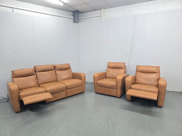 Scs Tan Leather 3 Piece Suite Manual Recliner Sofa and Chair with Static Chair - Image 5