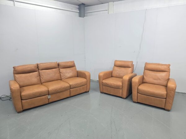 Scs Tan Leather 3 Piece Suite Manual Recliner Sofa and Chair with Static Chair