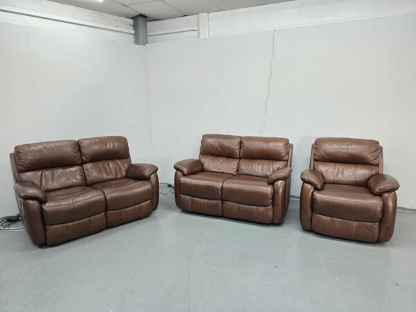 Brown Leather 3 Piece Suite Electric Recliner Sofa and Static Sofa  Chair - Image 2