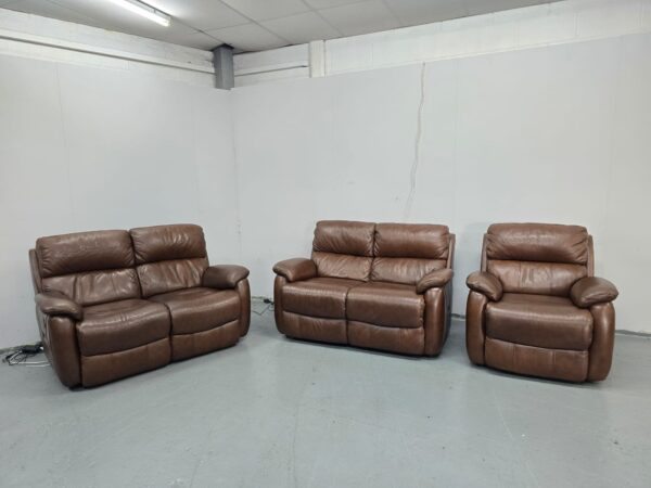 Brown Leather 3 Piece Suite Electric Recliner Sofa and Static Sofa  Chair