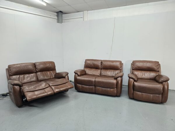 Brown Leather 3 Piece Suite Electric Recliner Sofa and Static Sofa  Chair - Image 7