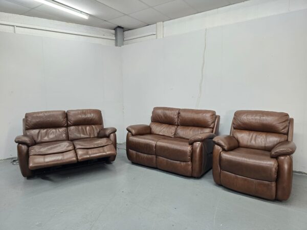 Brown Leather 3 Piece Suite Electric Recliner Sofa and Static Sofa  Chair - Image 5