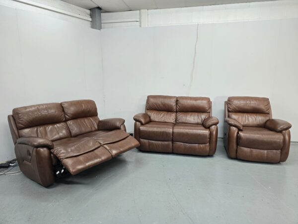 Brown Leather 3 Piece Suite Electric Recliner Sofa and Static Sofa  Chair - Image 6