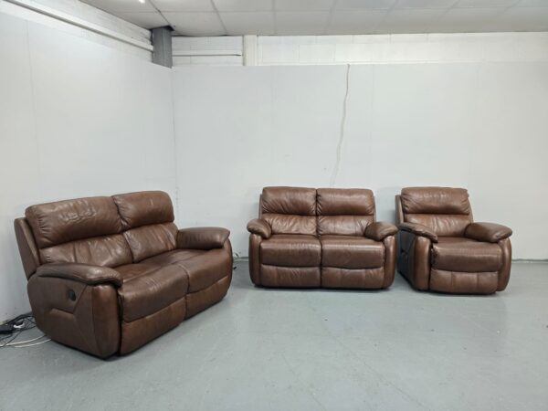 Brown Leather 3 Piece Suite Electric Recliner Sofa and Static Sofa  Chair - Image 4