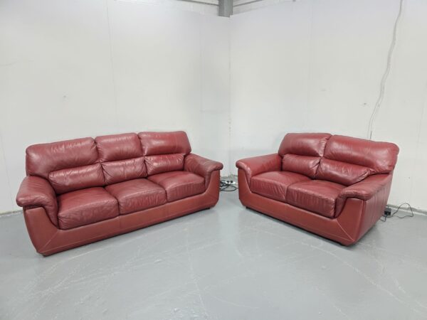 Red Leather 3 and 2 Seater Sofas