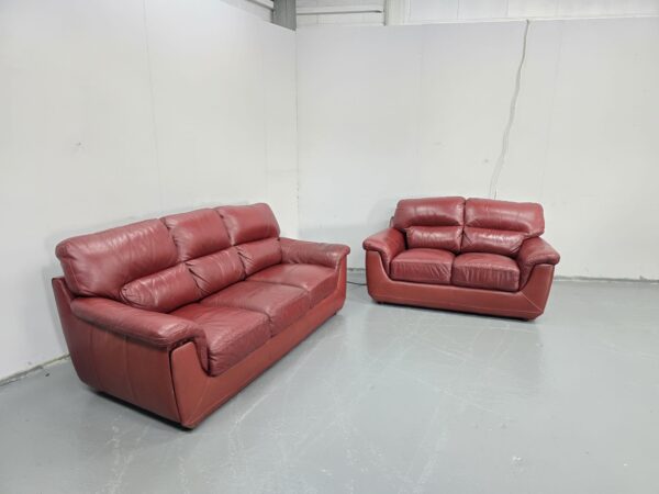 Red Leather 3 and 2 Seater Sofas - Image 3