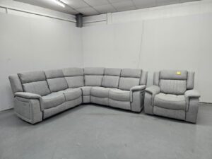 Linden Grey Fabric Electric Recliner Corner Sofa and Chair with Cup Holders and USB