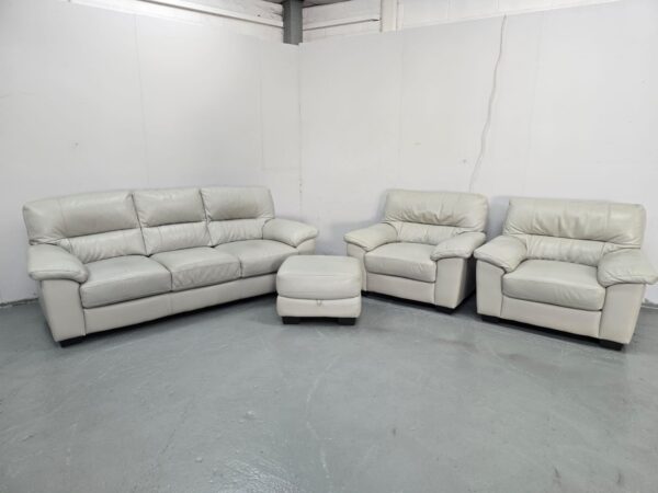 Oak Furniture Land Grey Leather 3 Piece Suite Sofa and Chairs - Image 2