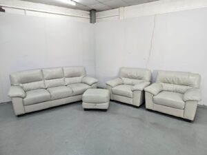 Oak Furniture Land Grey Leather 3 Piece Suite Sofa and Chairs