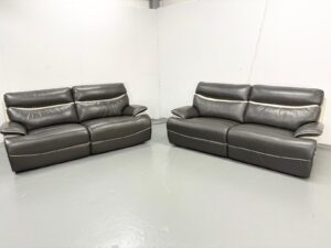 Lazyboy Grey Leather 3 and 3 Seater Electric Recliner Sofas with USB