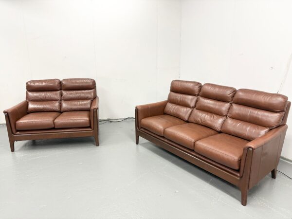 Brown Leather 3 and 2 Seater Static Sofas - Image 2