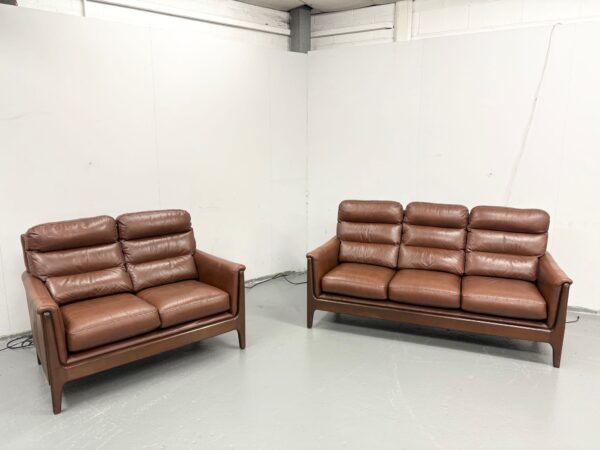 Brown Leather 3 and 2 Seater Static Sofas - Image 3