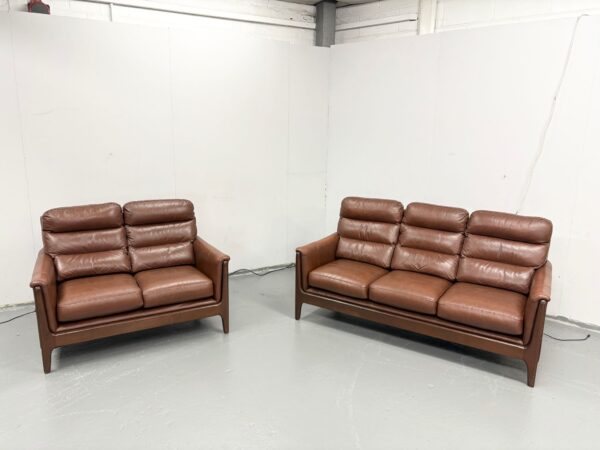 Brown Leather 3 and 2 Seater Static Sofas - Image 4