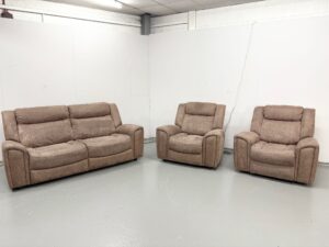 Harvey's Brown Fabric 3 Piece suite Static Sofa and Chair with Manual Recliner Chair