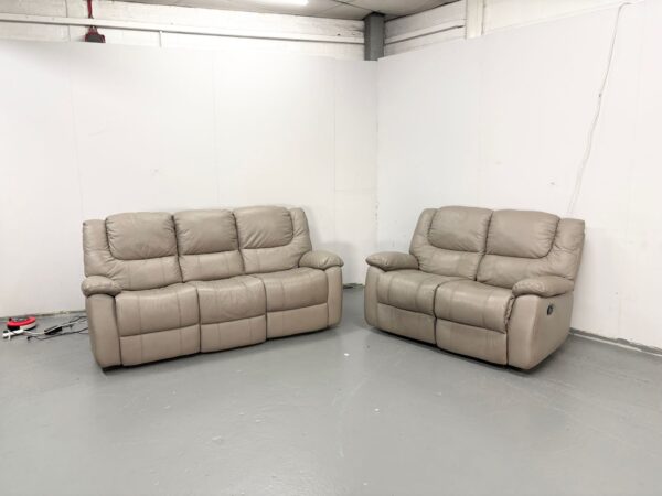 Grey Leather 3 and 2 Seater Manual Recliner Sofas