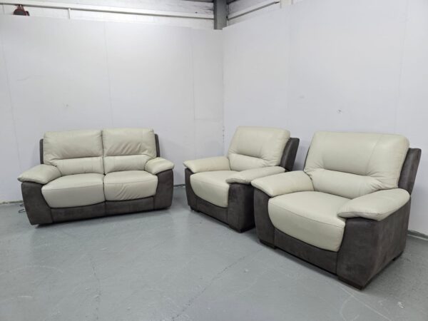 Two-Tone Grey Leather and Suede 3 Piece Suite Electric Recliner Sofa and Static Chairs - Image 2
