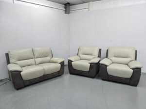 Two-Tone Grey Leather and Suede 3 Piece Suite Electric Recliner Sofa and Static Chairs