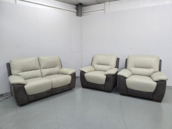 Two-Tone Grey Leather and Suede 3 Piece Suite Electric Recliner Sofa and Static Chairs