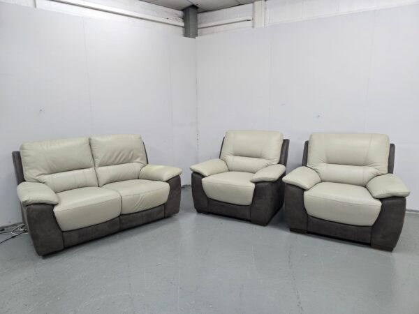 Two-Tone Grey Leather and Suede 3 Piece Suite Electric Recliner Sofa and Static Chairs - Image 3