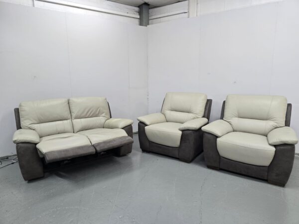 Two-Tone Grey Leather and Suede 3 Piece Suite Electric Recliner Sofa and Static Chairs - Image 7
