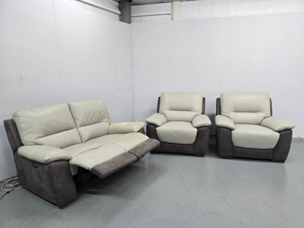 Two-Tone Grey Leather and Suede 3 Piece Suite Electric Recliner Sofa and Static Chairs - Image 5