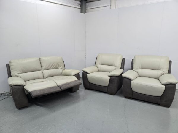 Two-Tone Grey Leather and Suede 3 Piece Suite Electric Recliner Sofa and Static Chairs - Image 6