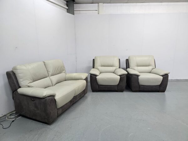 Two-Tone Grey Leather and Suede 3 Piece Suite Electric Recliner Sofa and Static Chairs - Image 4