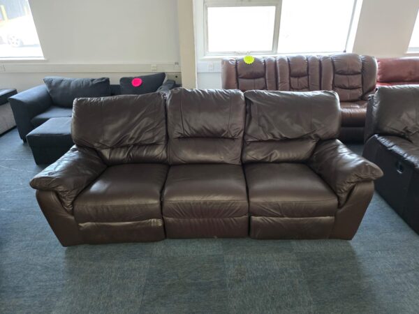 Brown Leather 3 and 3 Seater Manual Recliner Sofas - Image 2