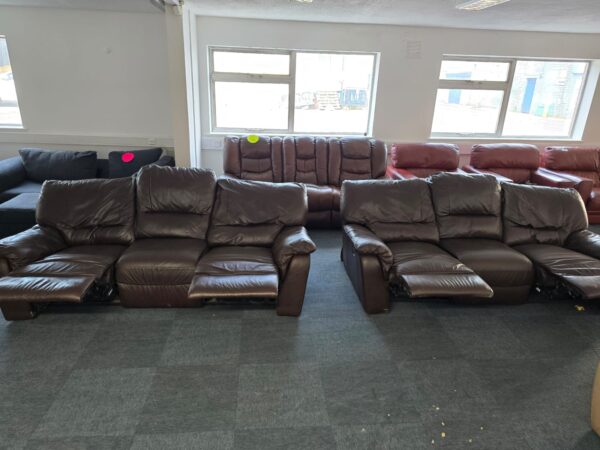 Brown Leather 3 and 3 Seater Manual Recliner Sofas - Image 4