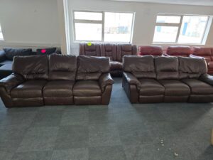 Brown Leather 3 and 3 Seater Manual Recliner Sofas