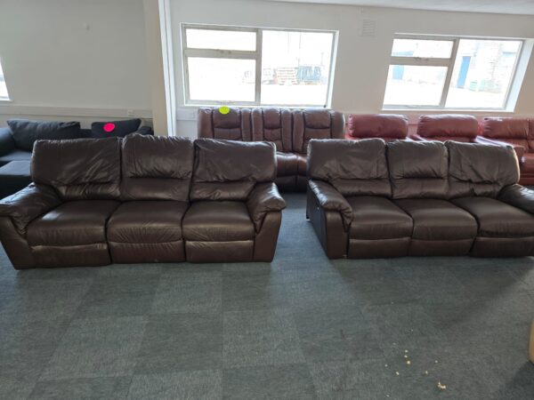 Brown Leather 3 and 3 Seater Manual Recliner Sofas