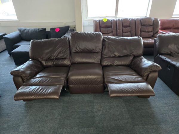 Brown Leather 3 and 3 Seater Manual Recliner Sofas - Image 6