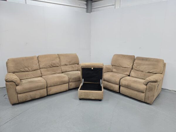Suede 3 and 2 Seater Manual Recliner Sofas with Footstool - Image 7